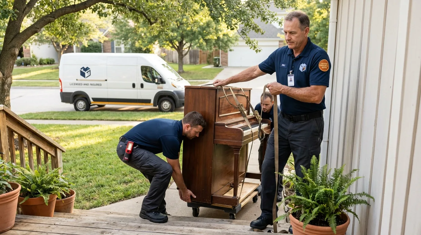 Licensed piano movers securing grand piano in Yellville, AR
