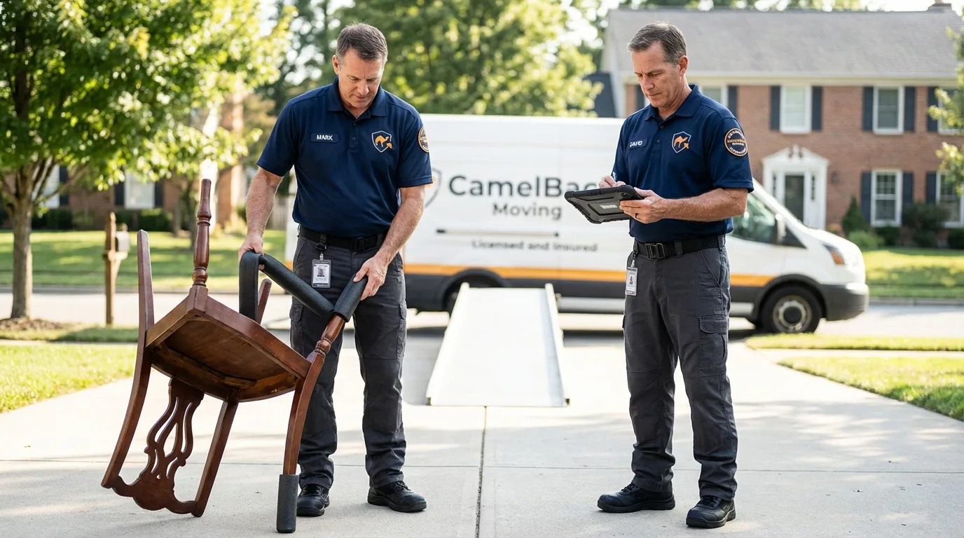 Movers inspecting furniture for damage prevention before loading in Yellville, AR