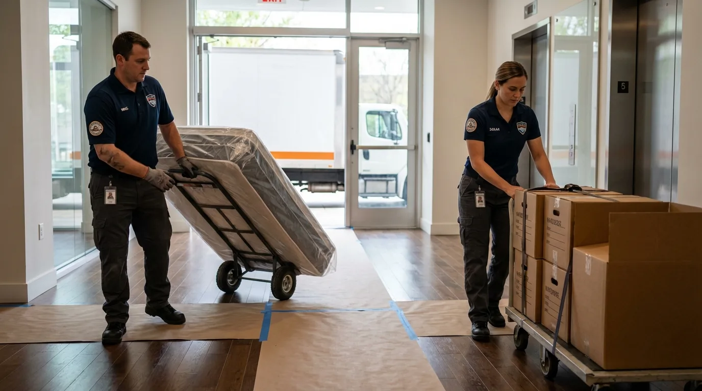 Professional apartment movers loading elevator in Yellville, AR